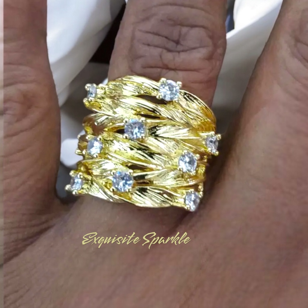 10k Gold Plated Wide Band Weave Style Cz Diamond Ring